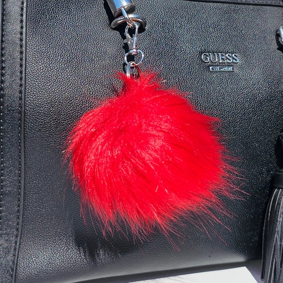 ❌️Sold❌️ Furry Puff Ball Bag Charm & Key Ring - Red/Silver - Picture 2 of 3